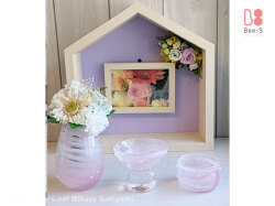 ペット仏具　ガラス仏具　ガラスでフードボール風にオーダーでおつくりしたピンクの仏具セット