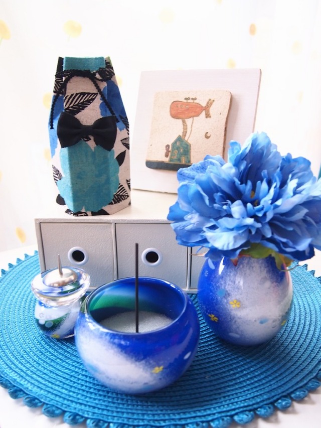 かわいい骨壺カバー 青いお花柄 2寸 ２寸 2 3寸 3寸 4寸 同価格オーダー可能です
