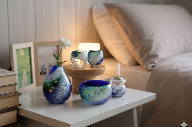 リビング供養　手元供養　かわいいお仏壇　飾り方　ガラス仏具　ガラスのお仏壇