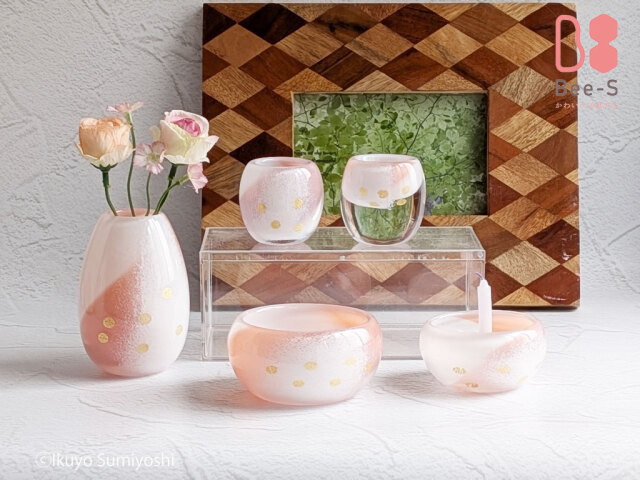 おしゃれな仏具セット】SAKURA（サーモンピンク＋金箔）3点セットから7