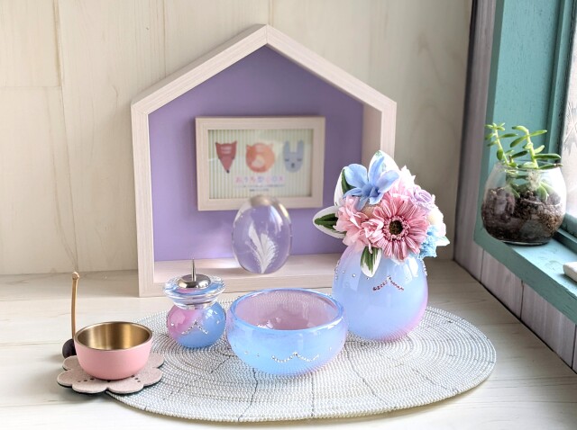 スワロがついたお姫様みたいにかわいいガラス仏具　おしゃれ仏具セット